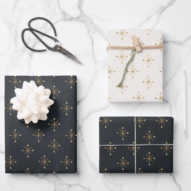 Charcoal, Ivory & Gold Snow Star Christmas  Wrapping Paper Sheet (Front)