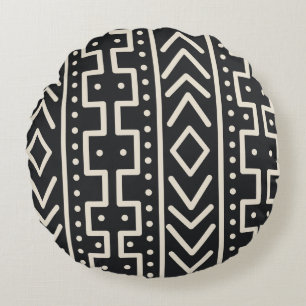 Charcoal Ivory Mudcloth Inspired Modern Tribal Round Cushion