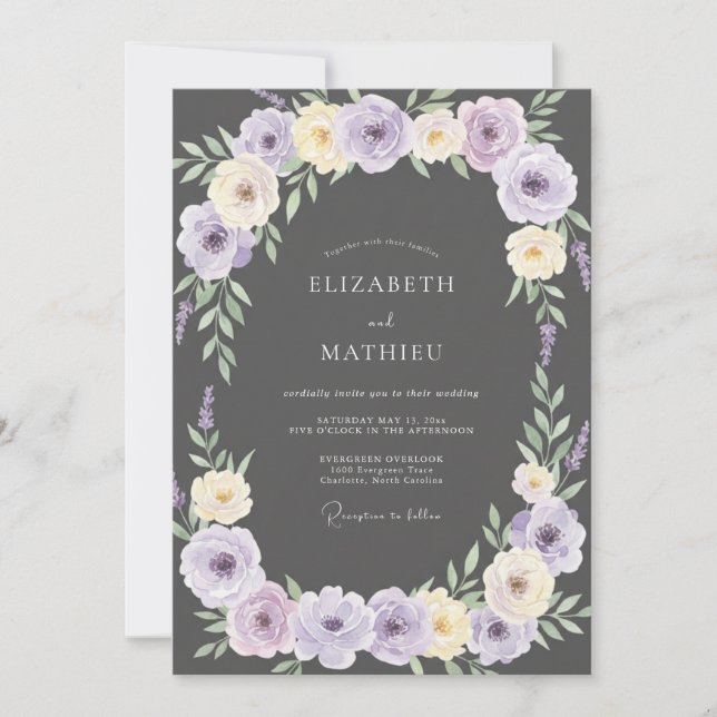 Charcoal Lavender Petal Wedding Invitation (Front)