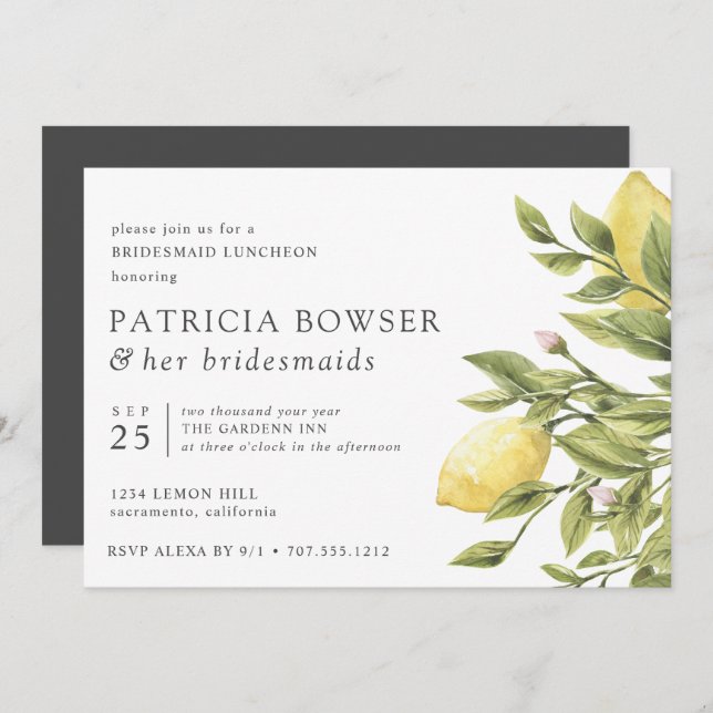 Charcoal | lemons and leaves Bridesmaid Luncheon Invitation (Front/Back)