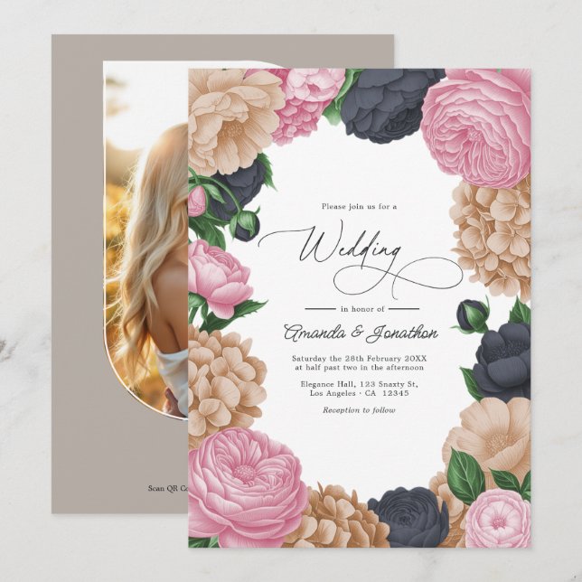 Charcoal, Light Taupe & Peony Pink Floral Wedding Invitation (Front/Back)
