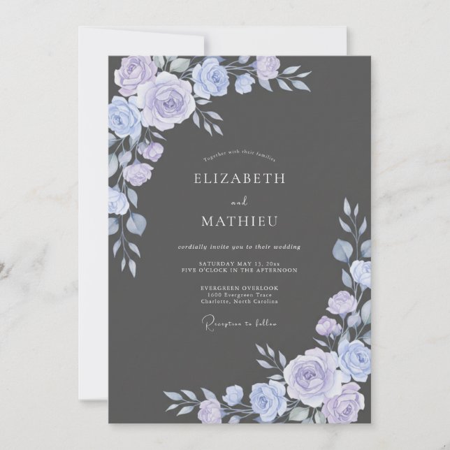 Charcoal Lilac Leafy Wedding Invitation (Front)