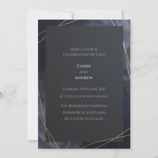 Charcoal Marble Gold Geometric Wedding Invitation (Front)