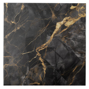 Charcoal Marble with Branching Gold Veins Tile