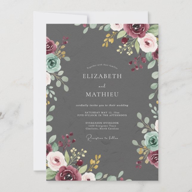 Charcoal Maroon Vine Wedding Invitation (Front)