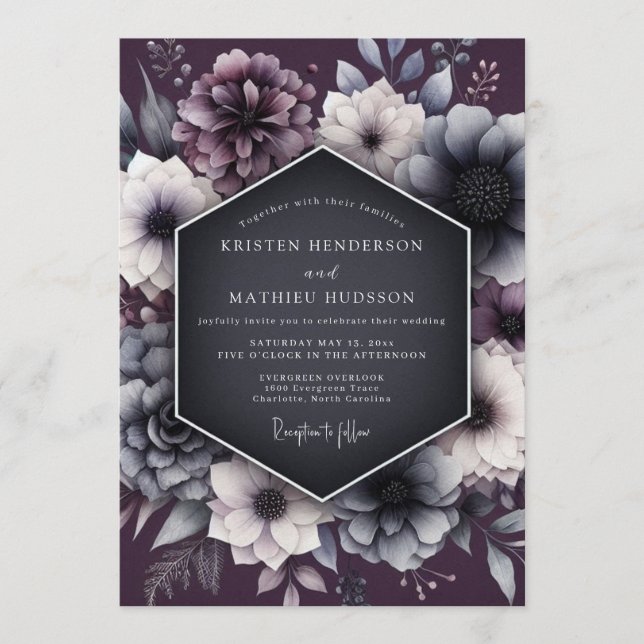 Charcoal & Mauve Gothic Wedding Invitation (Front)