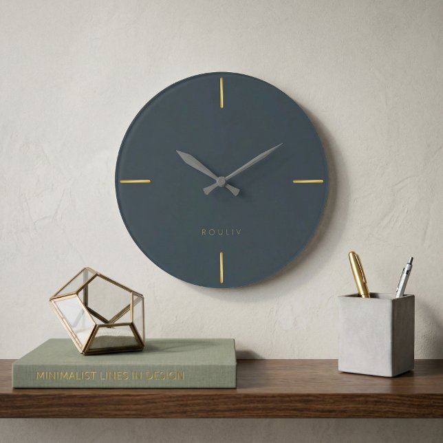 Charcoal Minimalist Architectural - Modern  Large Clock (Charcoal and Gold Minimalist Architectural Wall Clock - Modern Single Line Art - Quiet Luxury Home )