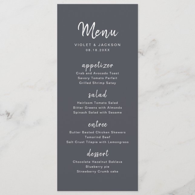 Charcoal minimalist handwritten script wedding menu (Front)
