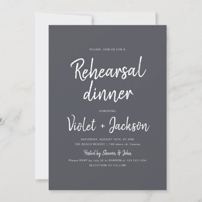 Charcoal minimalist script rehearsal dinner invitation (Front)