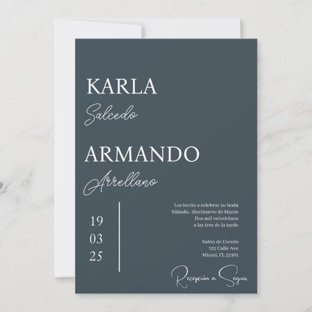 Charcoal minimalist wedding invitation spanish (Front)