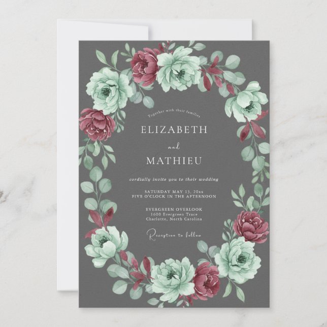 Charcoal Mint Blossom Wedding Invitation (Front)
