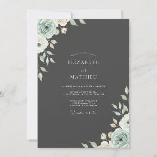Charcoal Mint Ranunculus Eucalyptus Wedding Invitation