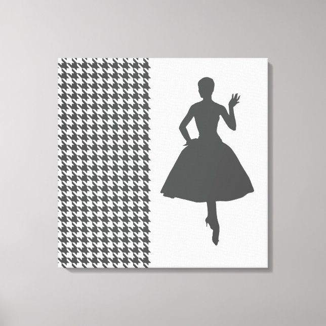 Charcoal Modern Houndstooth w/ fashion Silhouette Canvas Print (Front)