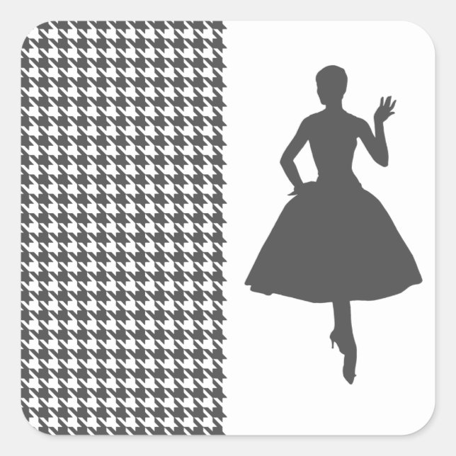 Charcoal Modern Houndstooth w/ Fashion Silhouette Square Sticker (Front)
