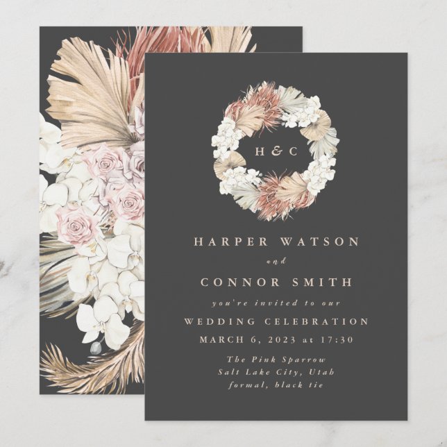 Charcoal Monogram Wreath Pampas Cream Floral Invitation (Front/Back)