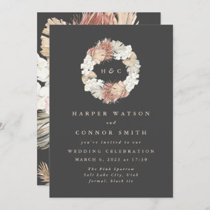 Charcoal Monogram Wreath Pampas Cream Floral Invitation