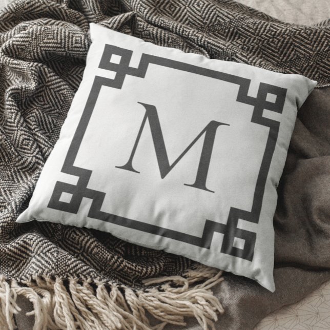 Charcoal Monogrammed Greek Key Border White Cushion (You can customize all the colors to more closely match your home decor.)