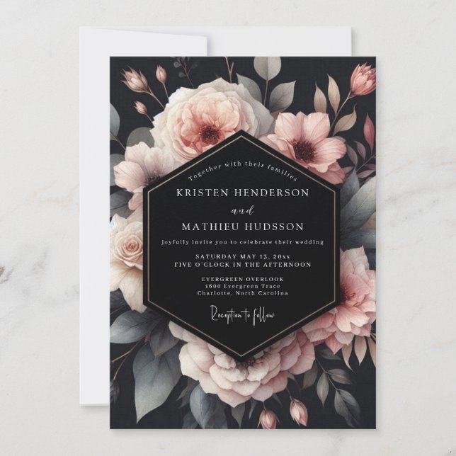 Charcoal Moody Bloom Wedding Invitation (Front)