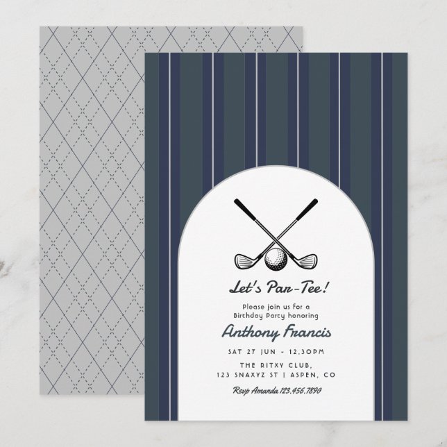 Charcoal, Navy, & Silver Golf Birthday Party Invitation (Front/Back)