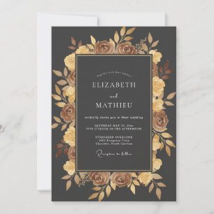 Charcoal Ochre Leafy Wedding Invitation