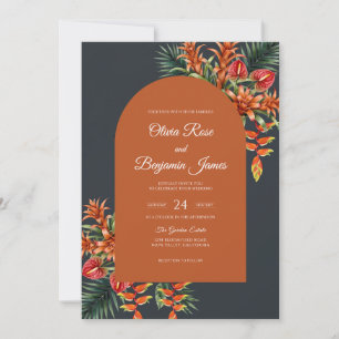 Charcoal Orange Tropical Muted Eucalyptus Wedding Invitation