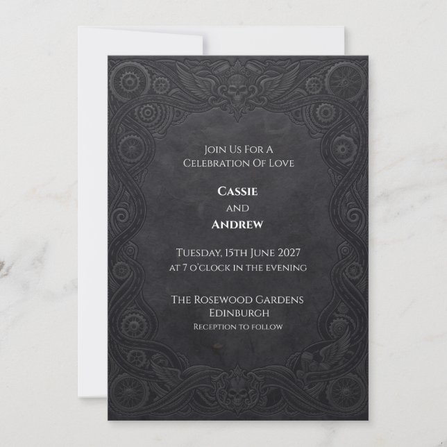 Charcoal Paisley Gothic Wedding Invitation (Front)
