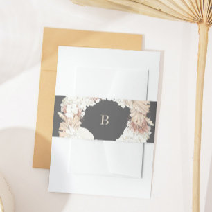 Charcoal Pampas Wreath Grey Boho Monogram Wedding Invitation Belly Band