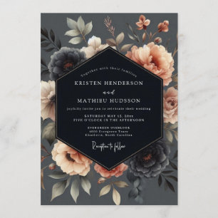 Charcoal Peach Moody Bloom Wedding Invitation