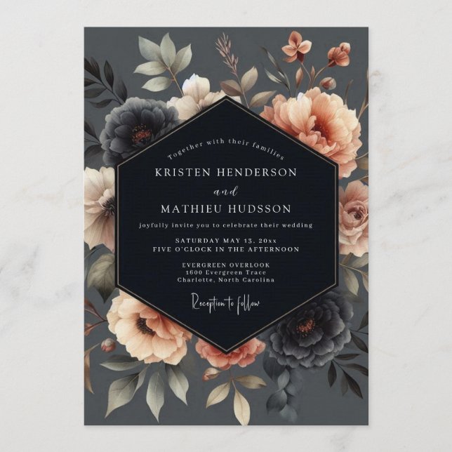Charcoal Peach Moody Bloom Wedding Invitation (Front)