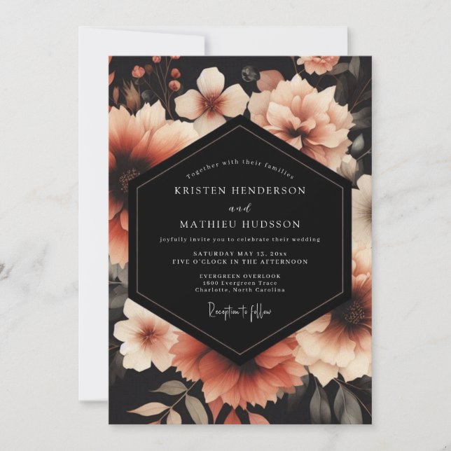 Charcoal Peach Nocturne Wedding Invitation (Front)
