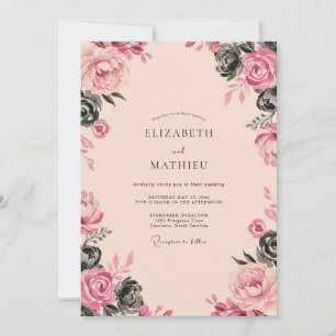 Charcoal Peach Rose Wedding Invitation