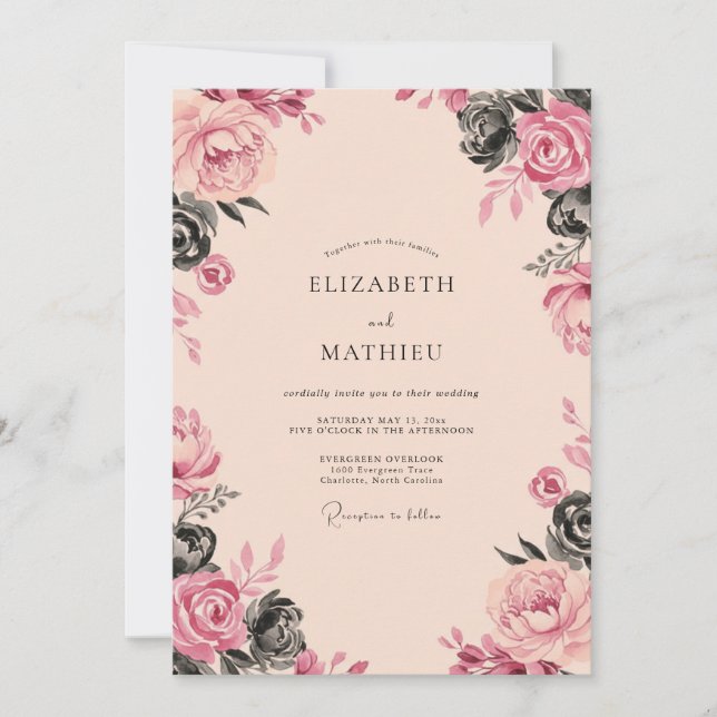 Charcoal Peach Rose Wedding Invitation (Front)