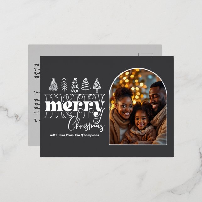 Charcoal Pearl & Soft Graphite Christmas Photo Foil Holiday Postcard (Front/Back)