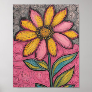 Charcoal Pencil Flowers- Stained Glass Daisy Poster