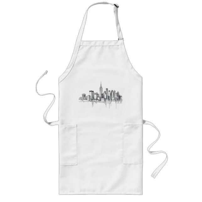 Charcoal Pencil Urban Skyline Sketch Long Apron (Front)