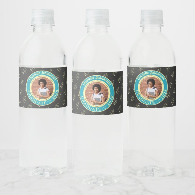 Charcoal Photo Modern Graduation Party Water Bottle Label (Bottles)