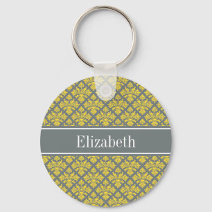 Charcoal Pineapple Damask #3 Yellow Name Monogram Key Ring