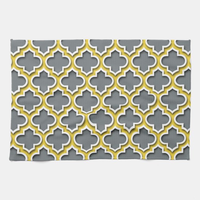 Charcoal Pineapple White Moroccan Quatrefoil #5DS Tea Towel (Horizontal)