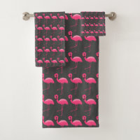 CHARCOAL PINK FLAMINGO BRIGHT BATHROOM TOWEL SET