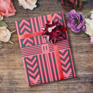 Charcoal Pink Stripes Editable Elegant Monogram Wrapping Paper