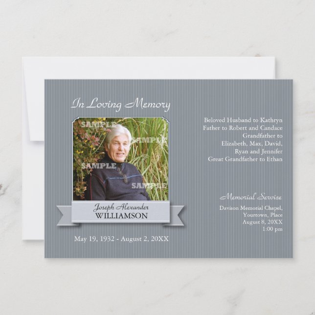 Charcoal Pinstripe Banner Memorial Notice Invitation (Front)