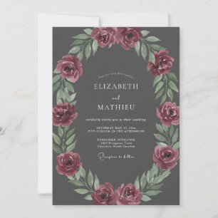 Charcoal Plum Ranunculus Eucalyptus Wedding Invitation
