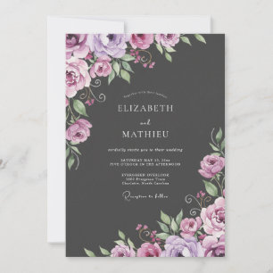 Charcoal Plum Ranunculus Soft Eucalyptus Wedding Invitation
