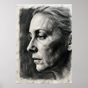 Charcoal Portrait Poster Expressive Female Drawi