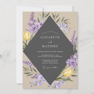 Charcoal Purple Tulip Eucalyptus Wedding Invitation