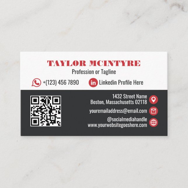 Charcoal & Red Professional Icons QR Code Business Card (Front)