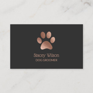 Charcoal Rose Gold Paw Print Logo Dog Groomer Business Card