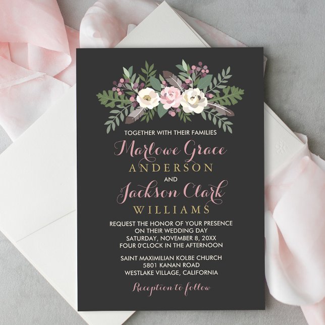 Charcoal Rose Pink Floral Bouquet Wedding Invitation (Creator Uploaded)