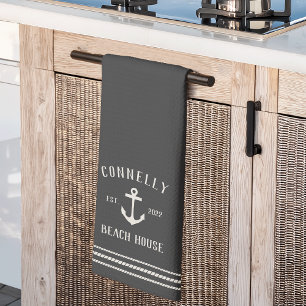 Charcoal Rustic Anchor Personalised Beach House Tea Towel