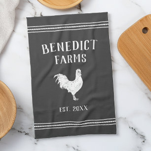 Charcoal Rustic Chicken Personalised Farm Name Tea Towel